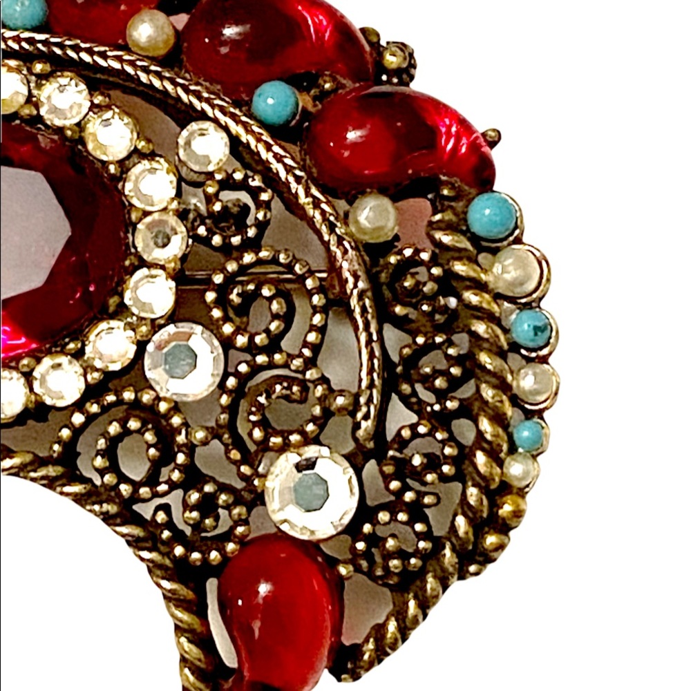 Signed Samsan Sa Crescent Brooch Ruby Turquoise R… - image 4